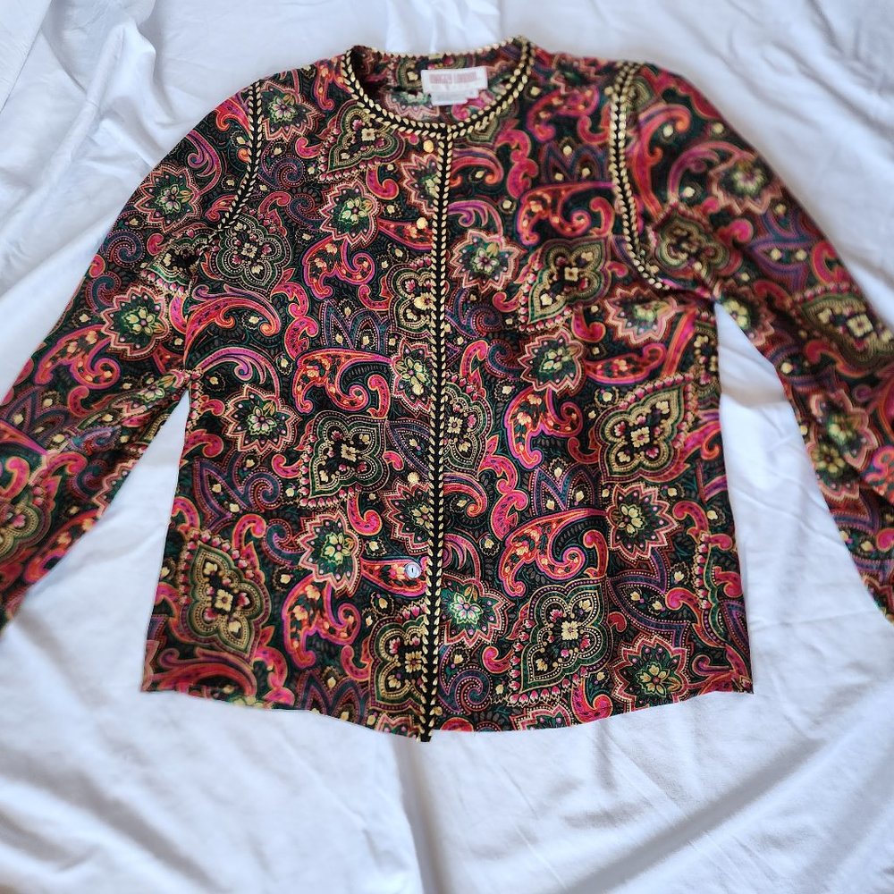Vintage Maggy London Silk Paisley Blouse with Ornate Gold Buttons Size 8